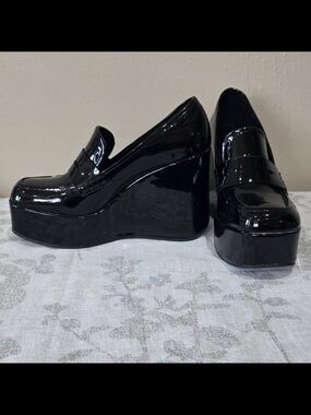 BAMBOO Black Patent Platform Wedge Loafers